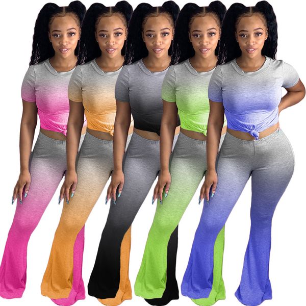 

women's tracksuits womens gradient color two piece set short sleeve t-shirt and flare pants suit tracksuit matching outfit plus size s-, Gray