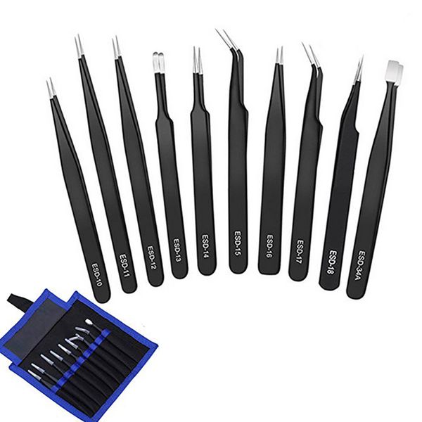 

10pcs/set esd stainless tweezers tool set high precision tip curved straight antistatic tweezer multifunction nipper repair tool
