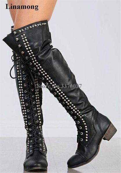 

women winter round toe lace-up knee high rivet low heel boots black brown spike long knight boots motorcycle