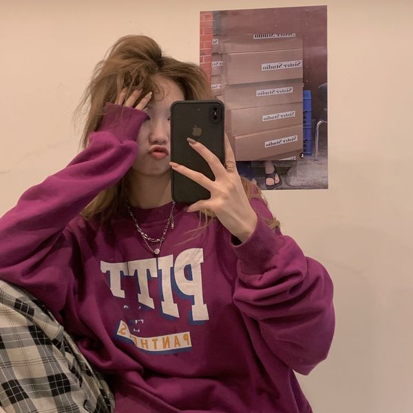 

2020 осень корейского стиля печать рыхлые простой свитера двухцветного 2020 осени пуловеры корейского стиля печати свободного простой пулове, Black