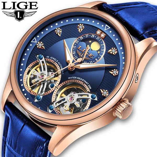 

2020 lige new men watch automatic mechanical watch tourbillon high end genuine leather waterproof relogio masculino, Slivery;brown