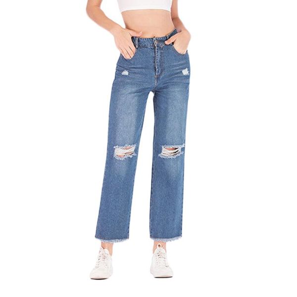 

women jeans pants straight denim long 2020 hole high waist office pant plus size ripped capris zipper trousers slim pantalones, Blue