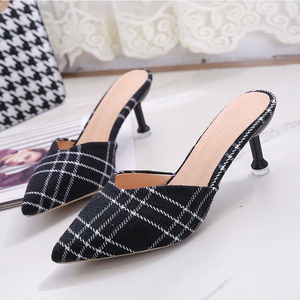 

thin heels women slippers summer gingham cloth designer high heels 2020 party dress shoes pointed toe mules shoes women, Black