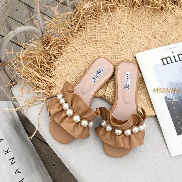 

2020 new summer ruffles pearl sippers women anti slip flat slides casual outside flip flops beach solid ladies slippers, Black
