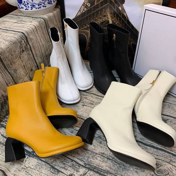 

2020 booties autumn and winter new womens boot round toe thick heel ankle boots black yellow white beige cut ankle boots