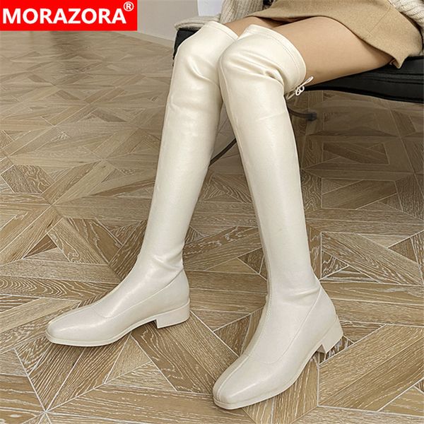 

morazora 2020 новое прибытие над ботинками колена низкой пятки квадратный носок удобные женская обувь зима сплошной цвет женщин сапоги, Black