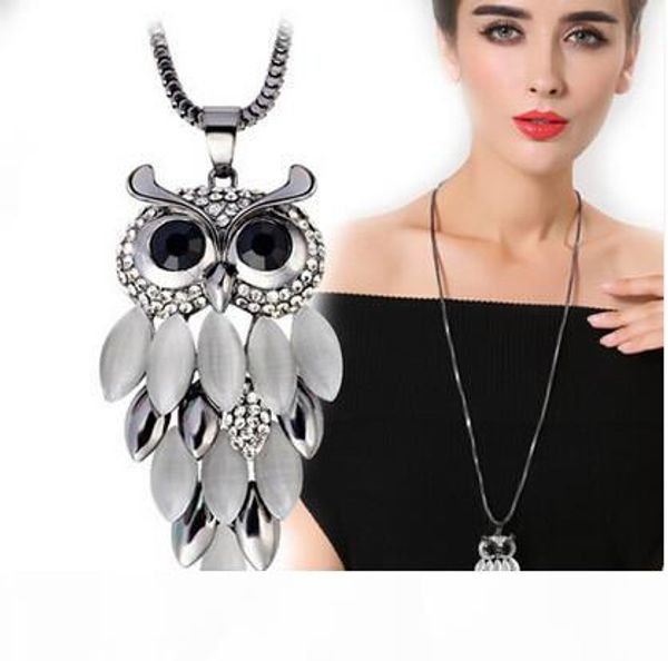 

usay like vintage owl pendant necklace long sweater necklaces luxury opal rhinestone charm necklace fashion statement jewelry lots wholesale, Silver