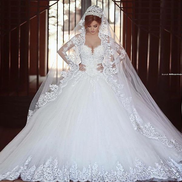 

Saidmhamad Long Sleeves Lace Applique Crystals Ball Gown Wedding Dresses Chapel Train Amazing New Bridal Gowns