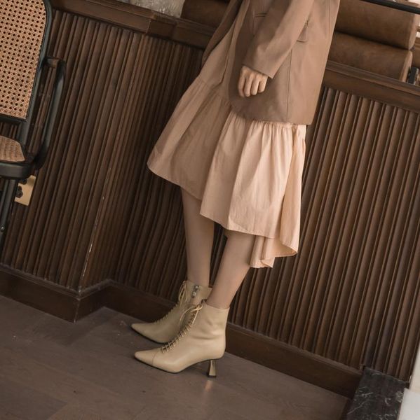 

dress shoes 2021 spring and autumn temperament leather stiletto lace-up fashion boots pointed toe high-heeled ankle female x398, Black