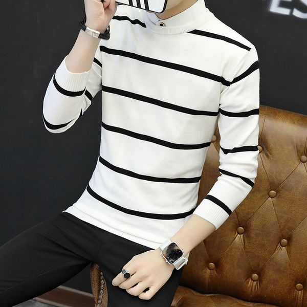 

men's sweaters style fashion stripes crew neck sweater men slim fit autumn and winter korean-style yarn base shirt, White;black