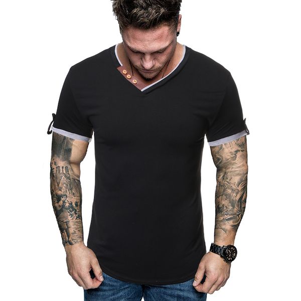 

2020 new men's fashion solid color v-neck slim casual short sleeve t-shirt, White;black