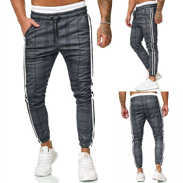 

европейская мужская мода лента сплайсинга плед случайные связали гетры штаны, Black