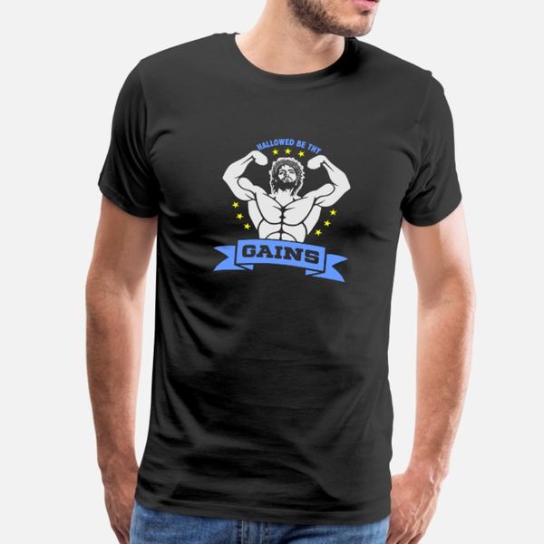 

hallowed be thy gains 1 fitness jesus gift t shirt men design short sleeve size s-3xl pattern loose comfortable spring autumn standard, White;black