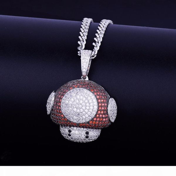 

iced out cartoon mushroom head pendant necklace with rope chain silver color bling cubic zirconia men women hip hop jewelry