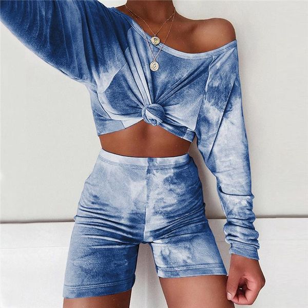 

women summer tie dye two piece gym workout runningoutfit long sleeve boat neck crop high waist shorts set, Gray
