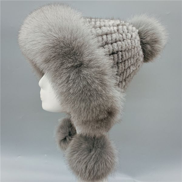 

winter real hats for women fur pompom ear protect caps warm lined knitted fur beanies fashion russian hat, Blue;gray