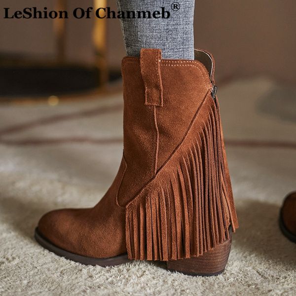 

retro fringe shoes women cow suede western boots fall woman tassel cowgirl cowboy boot autumn winter chunky heel shoe size 34-42, Black