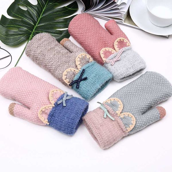 

five fingers gloves 2021 womail ly design women' cute winter warm wool mittens women pom fingerless, Blue;gray