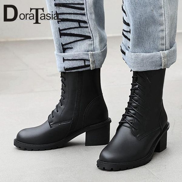 

doratasia brand girl black lace up round toe boots designer solid boots women high heels solid fashion mid calf shoes woman