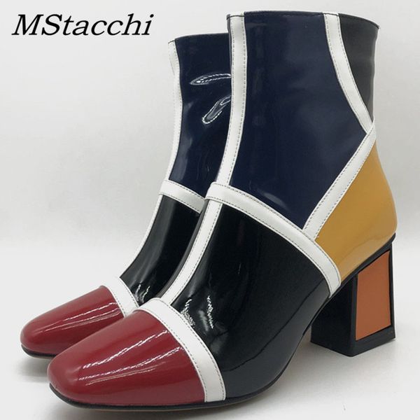 

mstacchi warm winter woman ankles boots mujer 2020 mixed color patent leather botines patchwork square toe thick high heels pump, Black