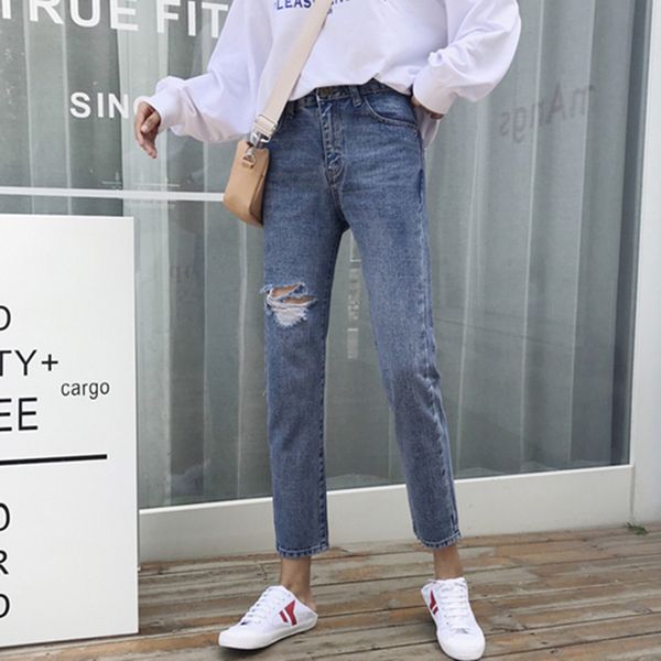 

new arrival spring korea fashion women high waist jeans knee ripped jeans all-matched casual vintage denim pants blue s311