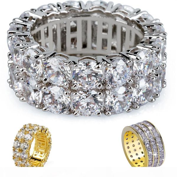 

mens 2 row iced out micro pave cubic zirconia gold bling bling rings 18k gold plated luxury simulated diamonds hip hop ring, Golden;silver