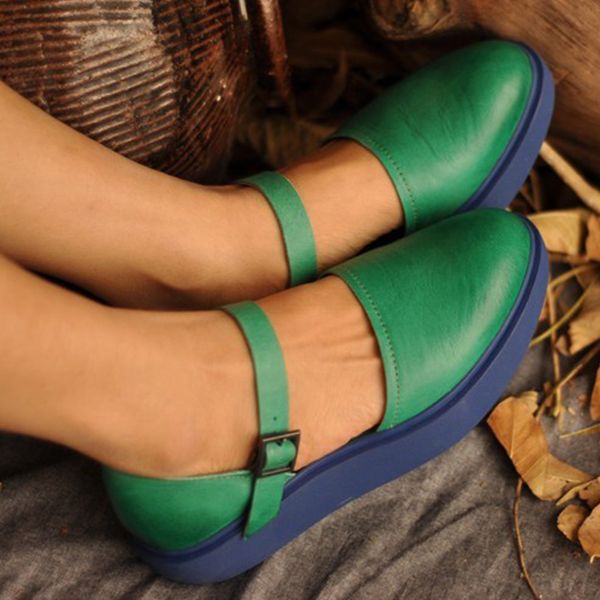 

artmu fashion women sandals buckle shoes flats genuine leather flat platform dress shoes closed toe green original vintage, Black