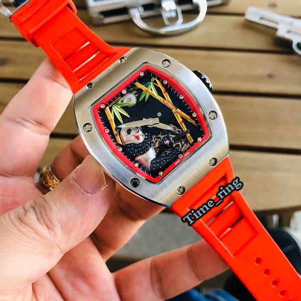 

edition rm 26-01 panda skeleton dial silver steel case japan miyota automatic movement rm 26-01 mens watch black rubber strap watches, Slivery;brown