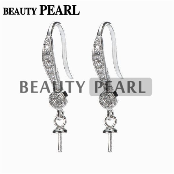 

hook earring base for drop pearls zircon 925 sterling silver earrings diy make finding 5 pairs, Slivery;crystal