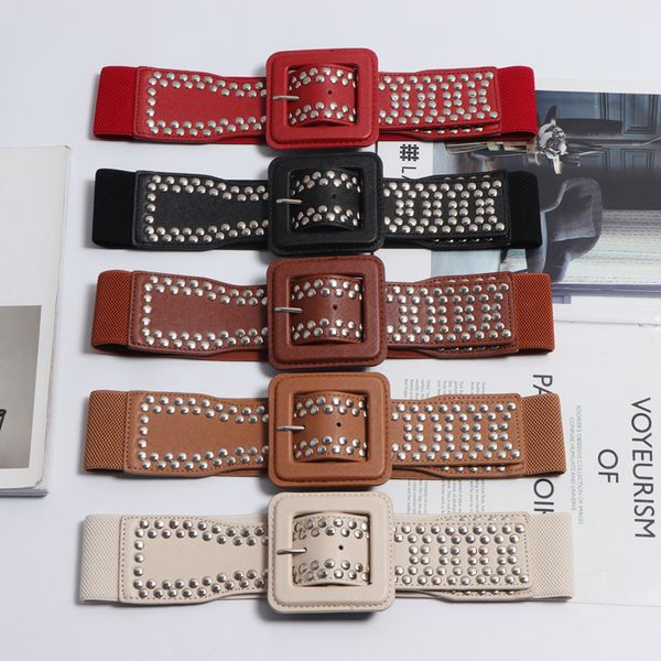

2020 silver gold red brown pu elastic waistband women punk rivet studded wide corset belt square buckle coat dress belt girdle, Black;brown