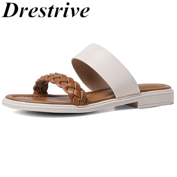 

drestrive women's slippers cow leather low heels 2020 summer female casual shoes round toe flats black genuine leather outside