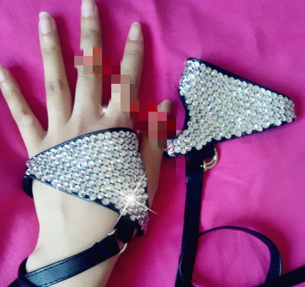 

women' fashion hip-hop ds acrylic rhinestone pu leather gloves lady' bandage night club performace punk gloves r450, Blue;gray