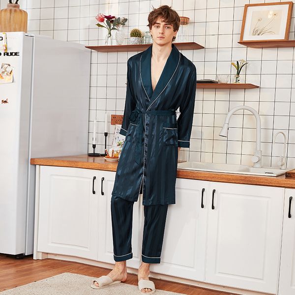 

men's sleepwear imitated silk pajamas for men navy blue stripe stain robe full length pants leisure time spa negligee male bathrobe, Black;brown