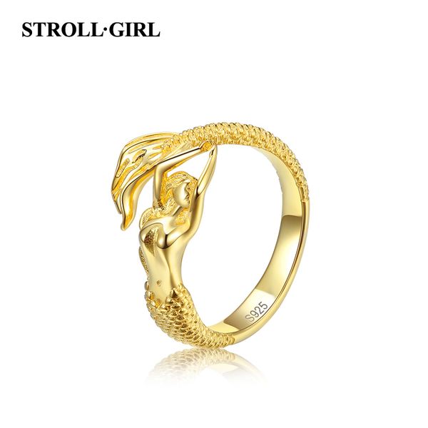 

strollgirl authentic fashion 925 sterling silver gold color mermaid open size finger ring adjustable make for women diy jewelry, Golden;silver