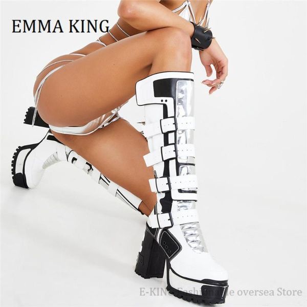 

super high heels platform knight boots women fashion laser patchwork high wedges shoes cool girls punk motorcycle boots women, Black