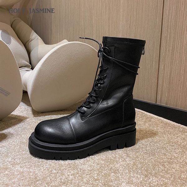 

holy jasmine 2020 women boots new autumn winter mid-calf motorcycle boots lace-up round toe flat with high (5cm-8cm) cross-tied, Black