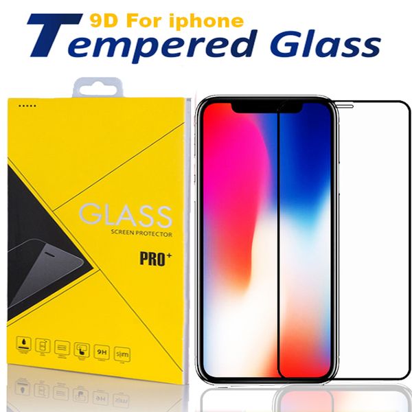 Protetores de tela de vidro temperado para iPhone 15 Pro Max 14 13 12 11 Pro Xs Max X XR 8 Samsung 9H Full Cover Glue com pacote de varejo