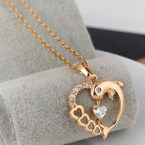 

fashionable micro-inlaid dolphin heart-shaped zircon lady necklace pendant clavicle chain d0045, Silver