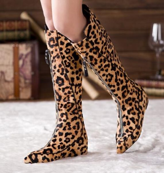 

abesire women leopard height increasing knee high boots ladies pointed toe zipper long boots woman horsehair dress shoes, Black