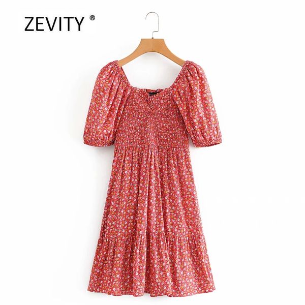 

party dresses zevity women vintage square collar puff sleeve flower print casual dress ladies elastic pleated vestido chic mini ds4047, White;black