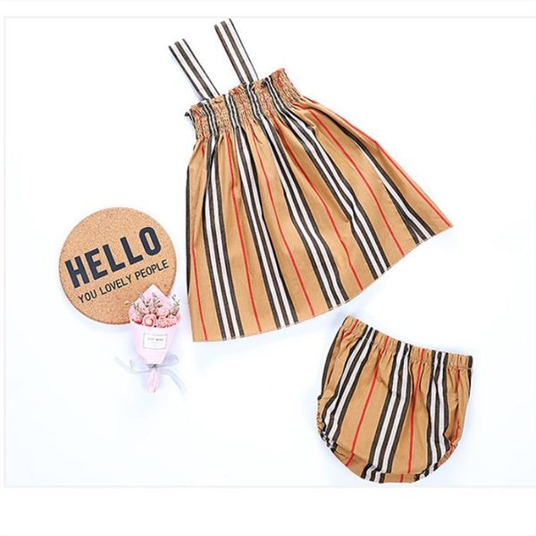 

2020 summer baby girls striped dresses party boutique smocking khaki dress set for infant girls clothes set y200803, White