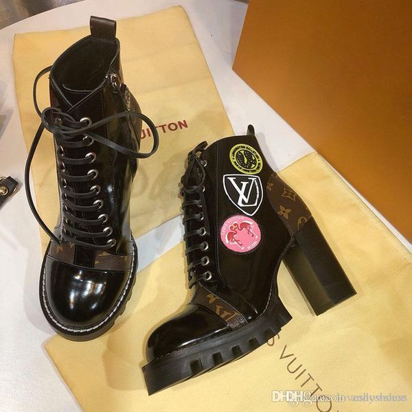 

women winter boots and fashion high heel ankle boots with martin shoes genuine leather printing ankle boots size 35-42, Black