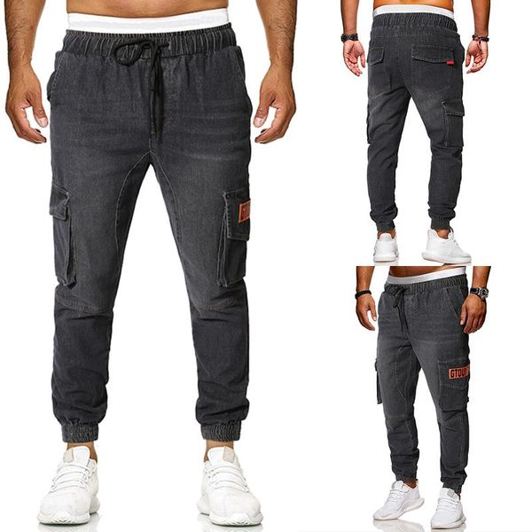 

cargo pants man multi pocket cotton 35% casual men's jeans loose workwear legs trousers men black -4xl, Blue