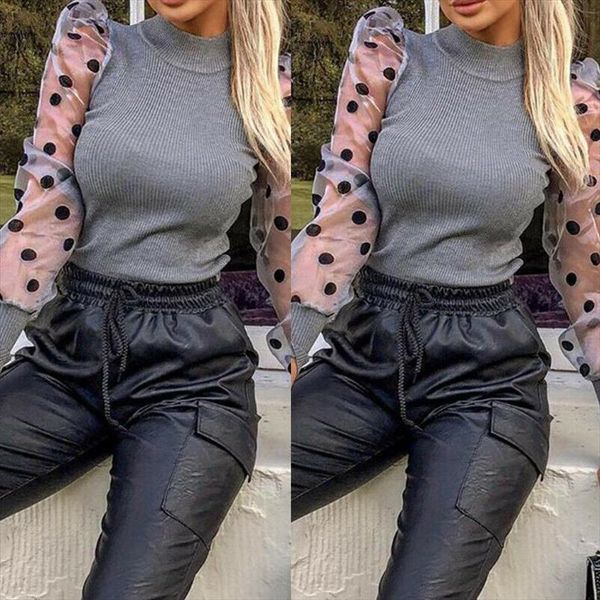 

women sheer mesh puff sleeve puff long sleeve patchwork knit blouse polka dot perspective slim high collar fashion autumn, White