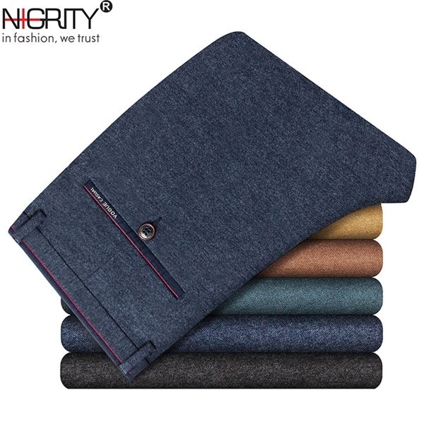

nigrity 2020 new mens casual business pant stretchy elastic sanded fabric slim straight pant black blue khaki plus size 28-40