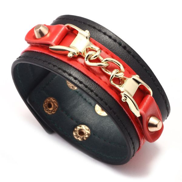

punk new fashion women red bracelet pu leather alloy link wristband lady bangles jewelry friend gift, Black