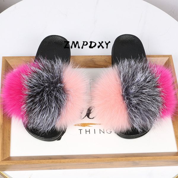 

ladies winter rain plush slippers kids/children's raccoon fur slides women's real fur sandals female indoor furry home shoes, Black