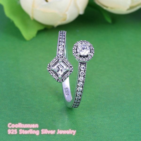 

spring 925 sterling silver abstract elegance wedding rings for women square & round cz pave geometric finger ring, Golden;silver