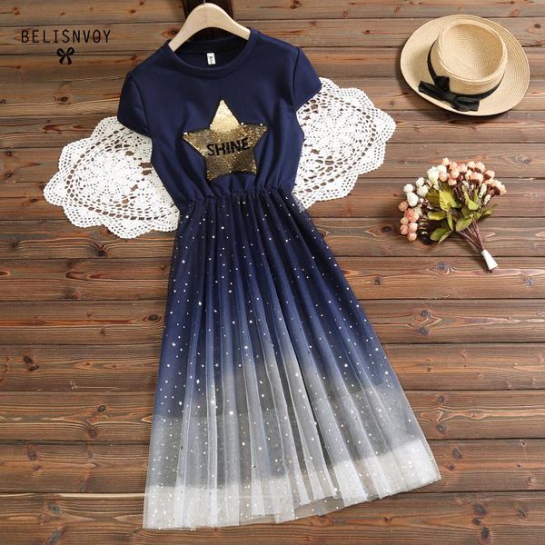 

casual dresses college style dress 2021 summer mesh gradient patchwork sequins star femininos vestidos short sleeve midi girls, Black;gray