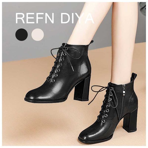 

refn diya sheepskin ankle boots high heel round toe thick heel women boots winter women warm shoes d6082, Black